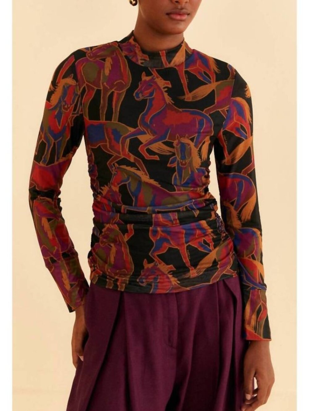 Farm Rio Wild Horses Tulle Blouse Top Long Sleeves Women's Size L Black Red